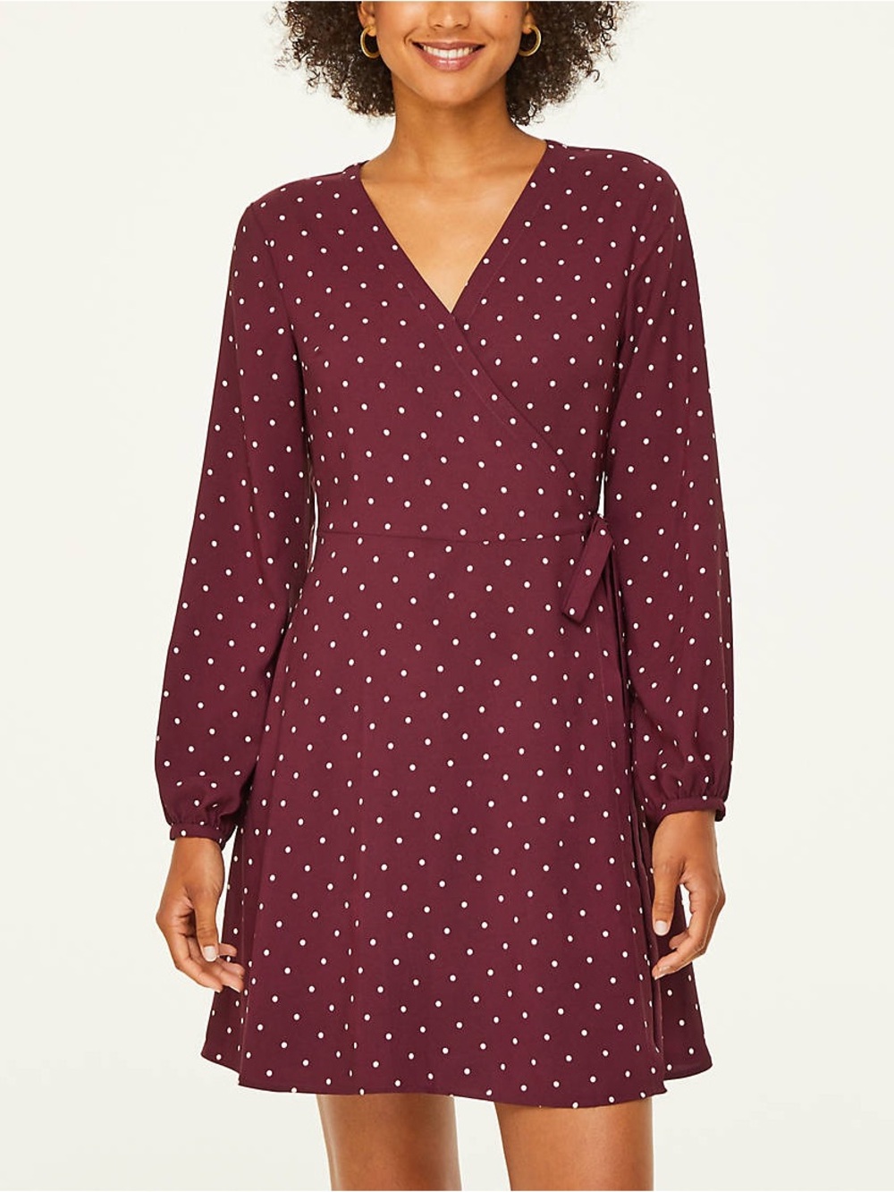 LOFT Outlet Polka Dot Wrap Dress Burgundy Long Sleeve Petite 00P